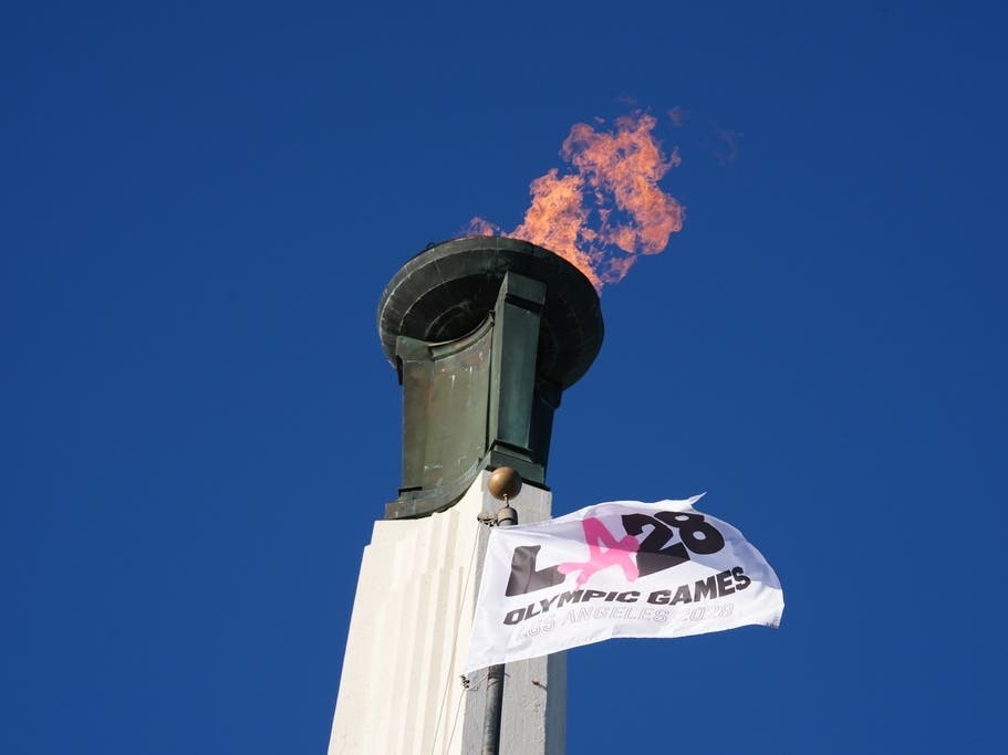 The Olympic cauldron was lit at the Los Angeles Memorial Coliseum ahead of the launch for ticket registration to the 2028 Summer Olympic Games.