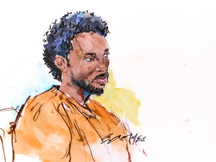 In this courtroom sketch, David Anthony Burke, whose stage name is D4vd, is seen in court Thursday, April 23, 2026, in Los Angeles on charges of killing a 14-year-old girl whose dismembered body was found in his car.