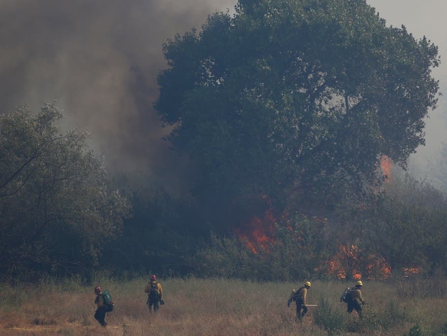 Firefighters battle the Sandy Fire Tuesday, May 19, 2026, in Simi Valley.
