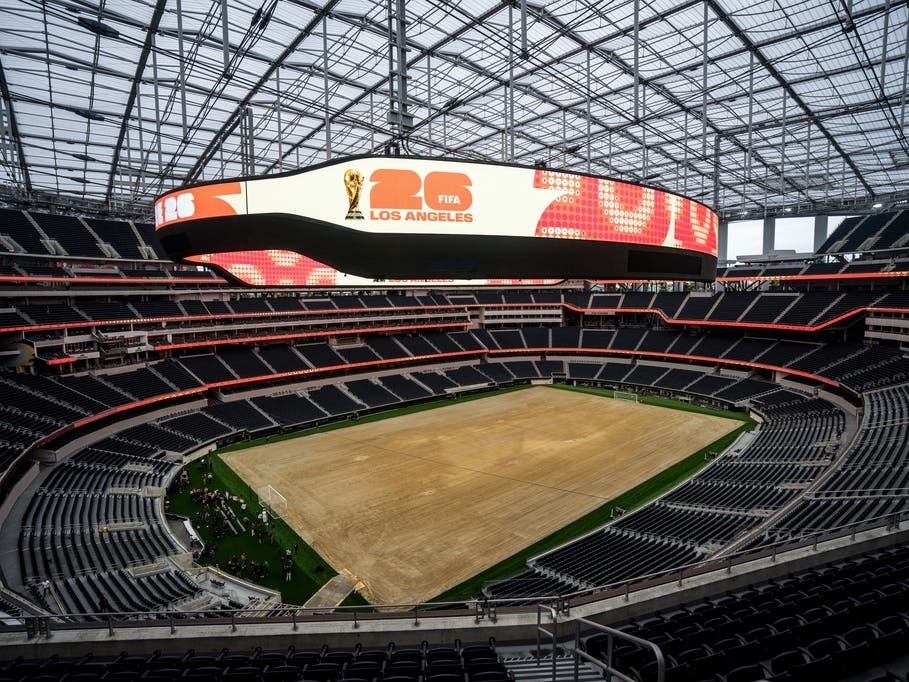 A general view shows SoFi Stadium in Inglewood on Tuesday, May 12, 2026 during a media event for the upcoming FIFA World Cup soccer tournament.