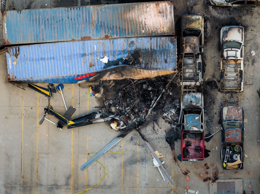An aerial view Wednesday of the aftermath of a news helicopter that crashed in Chatsworth.