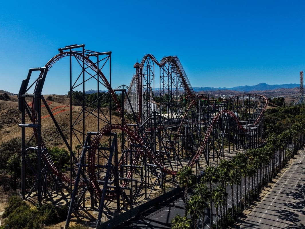 This aerial view shows the X2 roller coaster at Six Flags Magic Mountain in Valencia, Calif., Wednesday, Sept. 23, 2026.