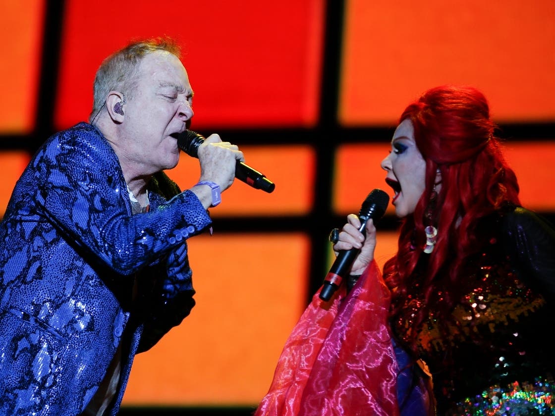 Fred Schneider, left, and Kate Pierson members of the American new wave rock band The B-52s, perform during the Corona Capital music festival in Mexico City, Saturday, Nov. 16, 2019. 