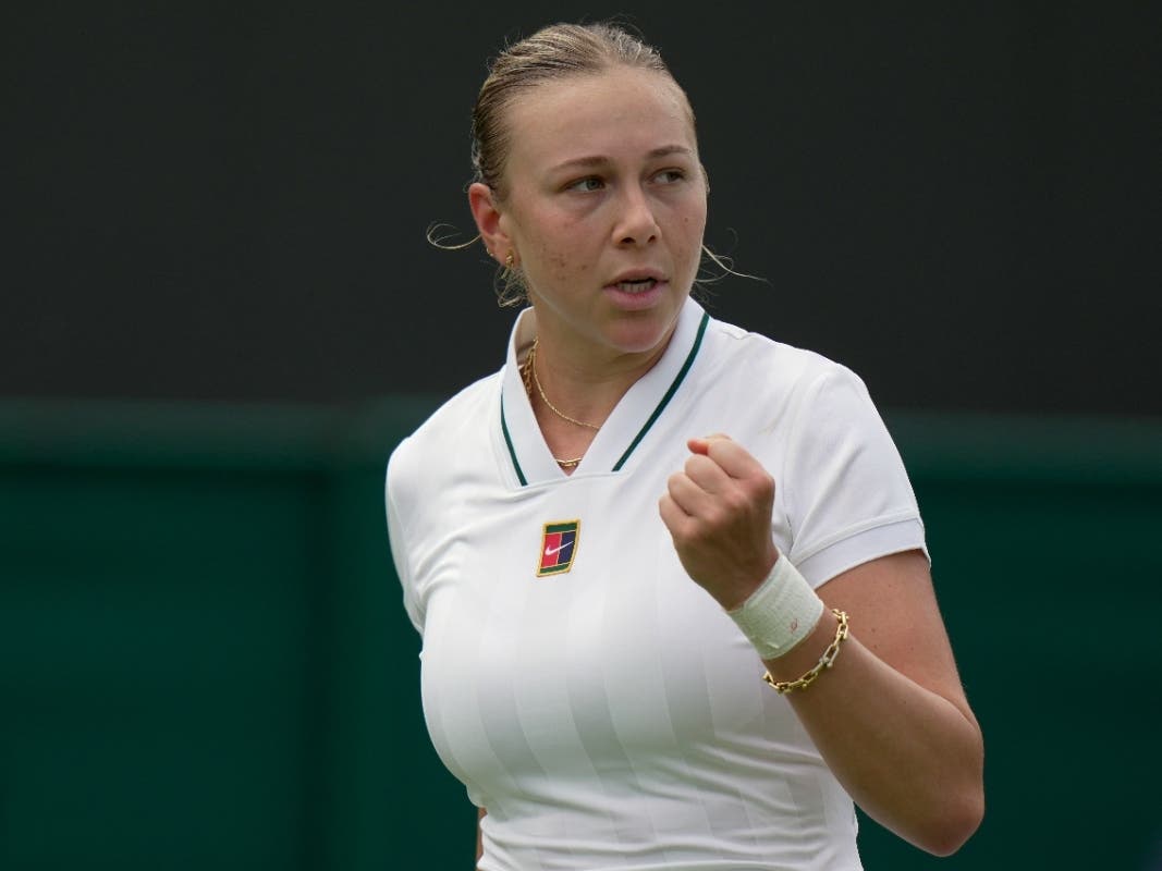 Amanda Anisimova of the United States reacts during the women's singles match against Lina Gjorcheska of North Macedonia at the Wimbledon Tennis Championships in London, Tuesday, June 30, 2026.