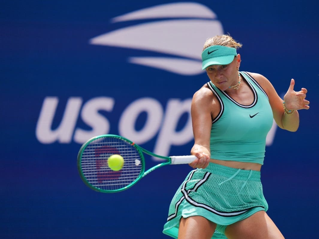 Amanda Anisimova, of the United States, returns the ball to Anastasia Potapova, of Austria, during the third round of the U.S. Open tennis championships Saturday, Sept. 5, 2026, in New York.
