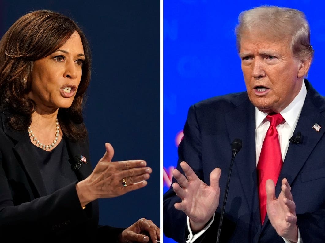 (L-R) Democratic presidential candidate Kamala Harris speaks during a debate on Oct. 7, 2020, in Salt Lake City, and Republican presidential candidate Donald Trump speaks during a debate on June 27, 2024, in Atlanta.