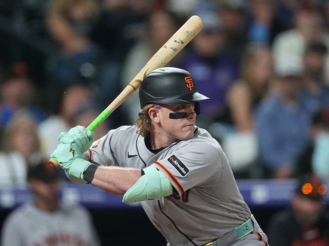 San Francisco Giants center fielder Harrison Bader (9) bats during the eighth inning of a baseball game May 29, 2026, in Denver.