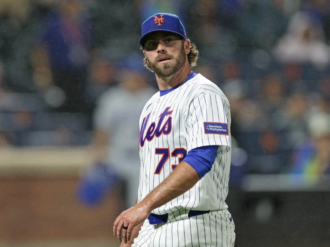 New York Mets pitcher Matt Seelinger reacts walking off the field during the seventh inning of a baseball game against the Kansas City Royals, Tuesday, July 7, 2026, in New York.
