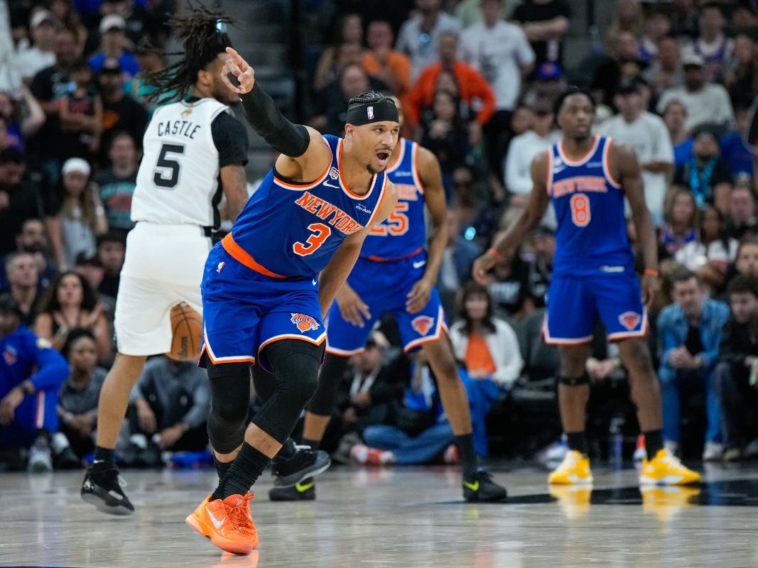 New York Knicks guard Josh Hart (3) celebrates a basket against the San Antonio Spurs during the second half of Game 5 of the NBA Finals basketball series, Saturday, June 13, 2026, in San Antonio.