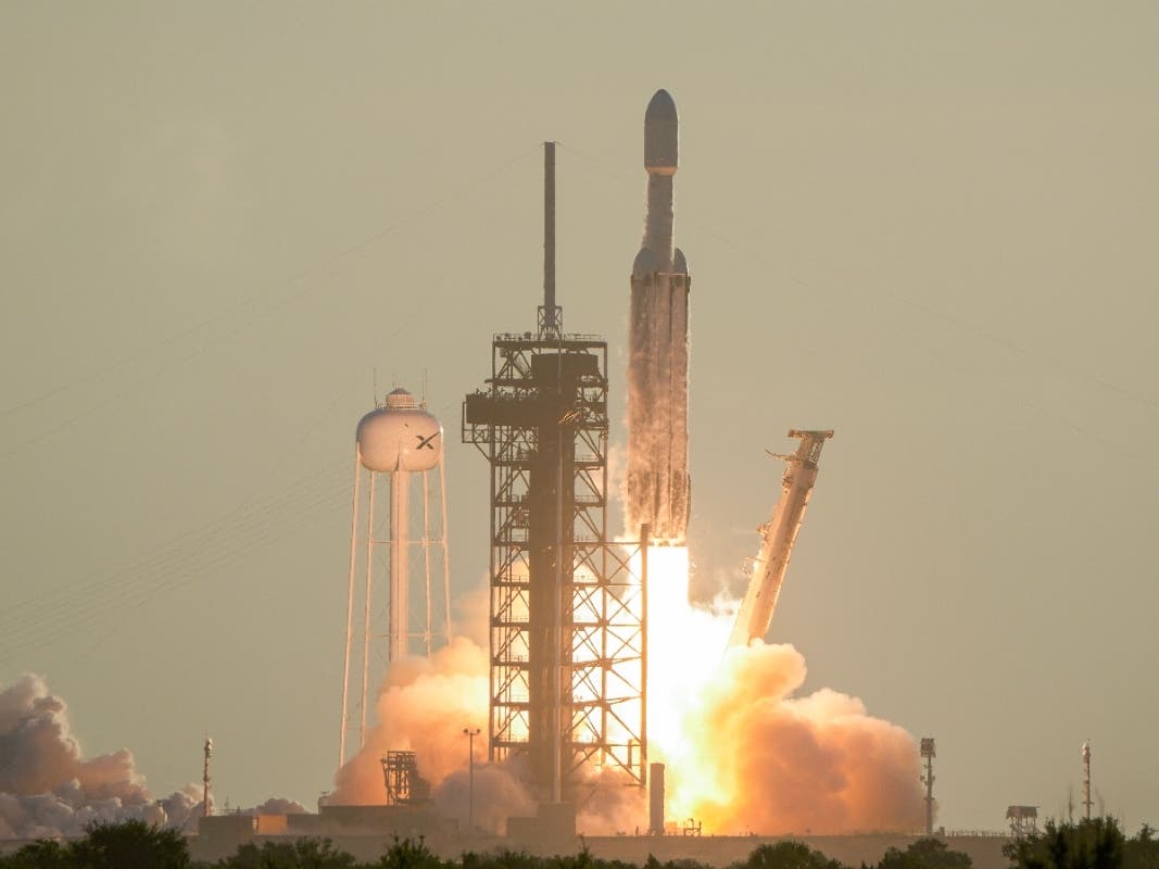 A SpaceX Falcon Heavy rocket with the space observatory Roman Telescope lifts off from launch complex 39A at the Kennedy Space Center in Cape Canaveral, Fla., Sunday, Aug. 30, 2026.