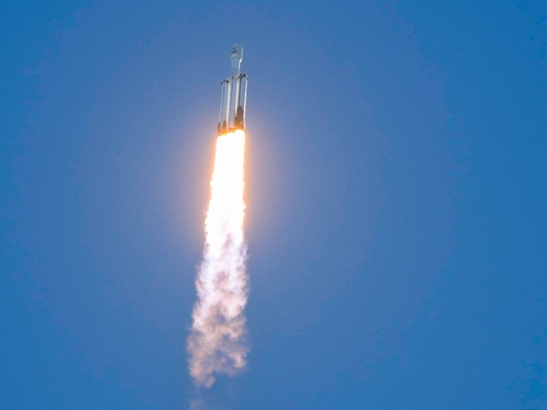 A SpaceX Falcon Heavy rocket with the space observatory Roman Telescope lifts off from launch complex 39A at the Kennedy Space Center in Cape Canaveral, Fla., Sunday, Aug. 30, 2026.