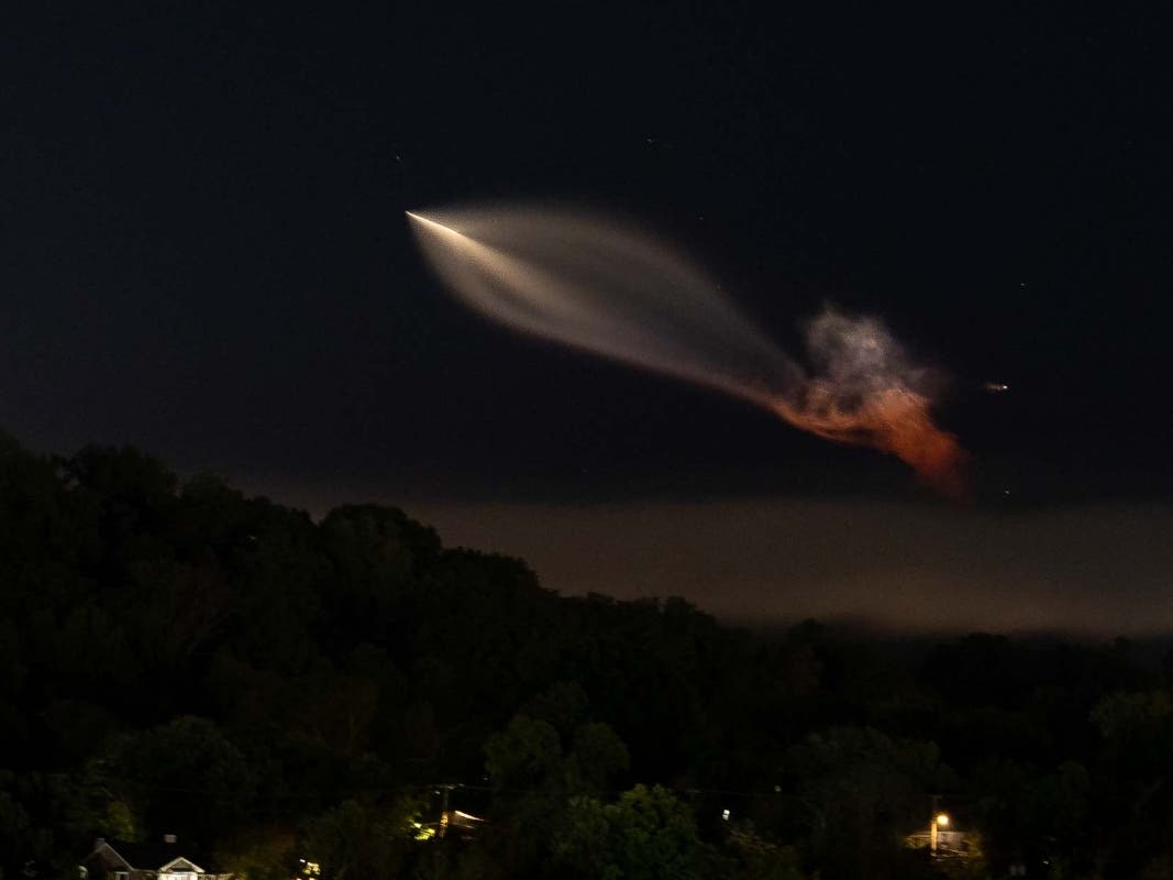 A SpaceX Falcon 9 rocket carrying supplies to the International Space Station is seen from Knoxville, Tenn., Tuesday, Oct. 13, 2026.