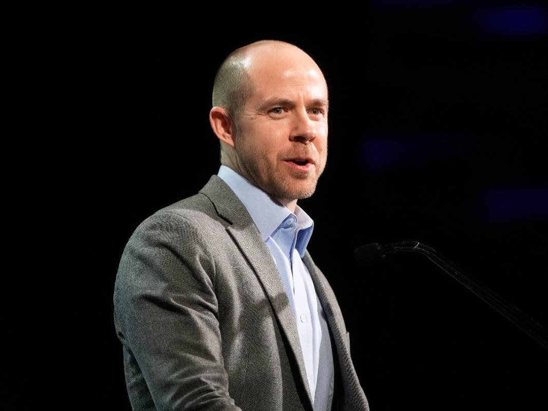 Rusty Hicks speaks at the 2026 California Democratic Party State Convention in San Francisco, Saturday, Feb. 21, 2026. 