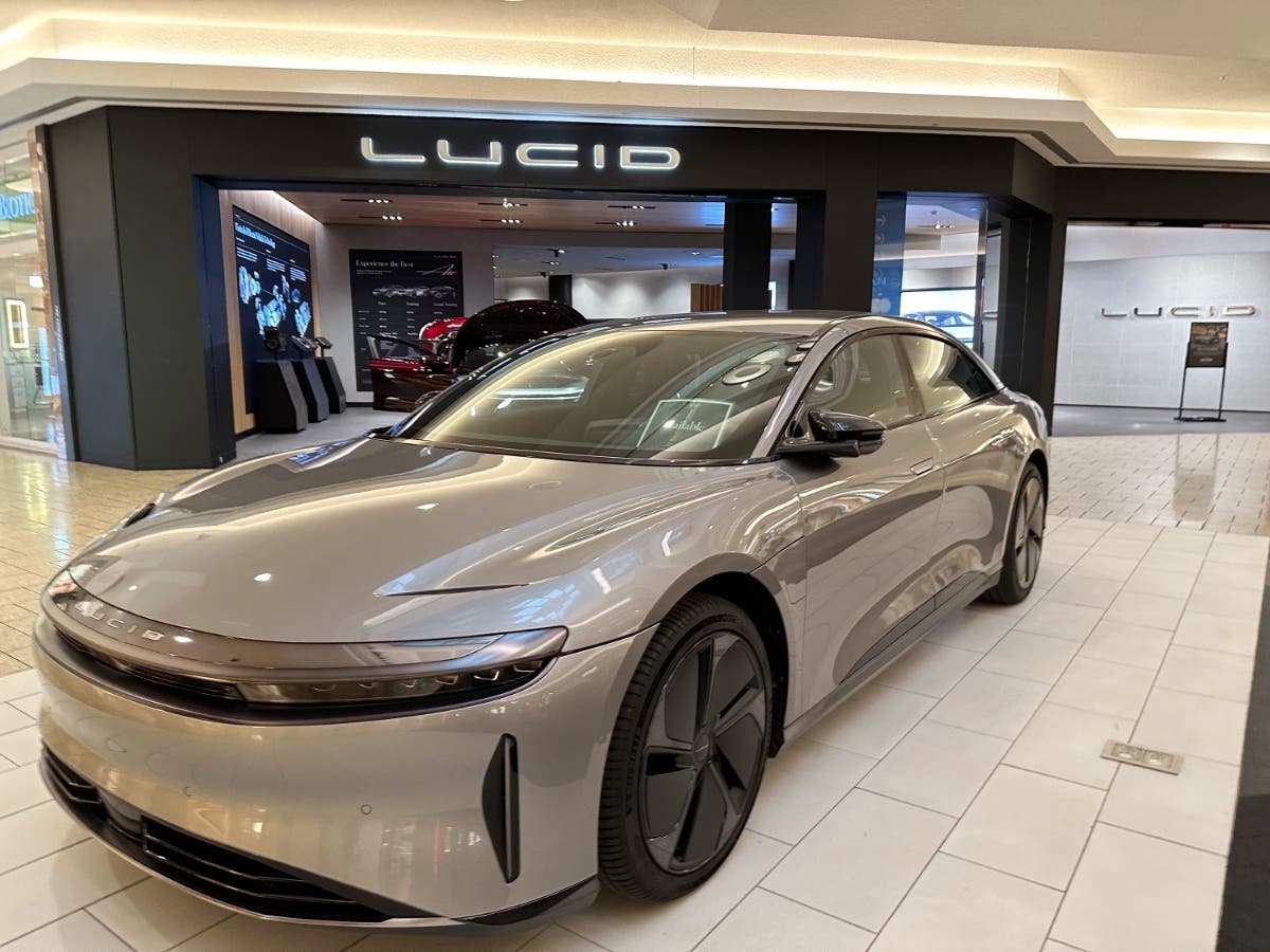 A 2024 Air sedan sits outside a Lucid store in a mall Wednesday, Aug. 21, 2024, in Denver.