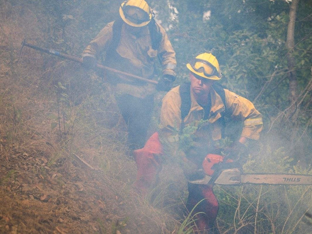 A firefighter cuts brush to stop the Timber Fire from burning above Deetjen's Inn in Big Sur, Calif., Tuesday, Aug. 11, 2026.