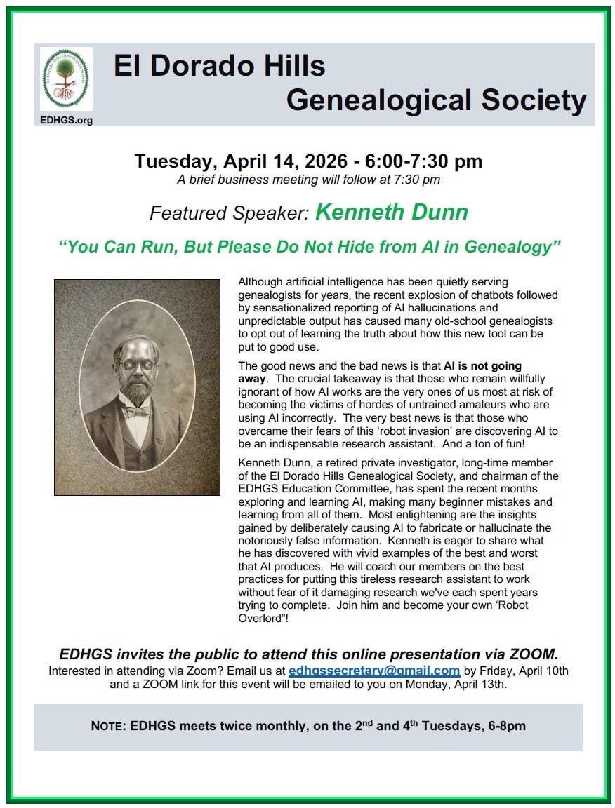 El Dorado Hills Genealogical Society (EDHGS) Zoom Presentation and Business Meeting