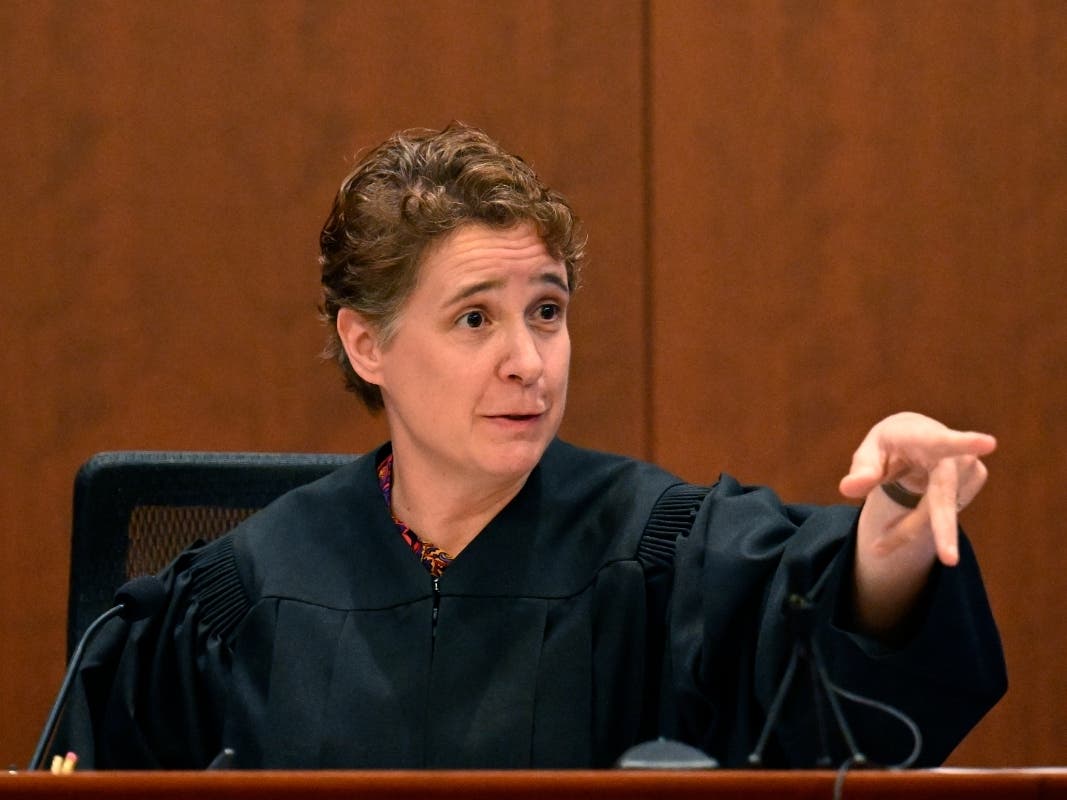Judge Penney Azcarate speaks in the courtroom as jury deliberations continue in the Fairfax County Circuit Courthouse in Fairfax, Va., Tuesday, May 31, 2022. 