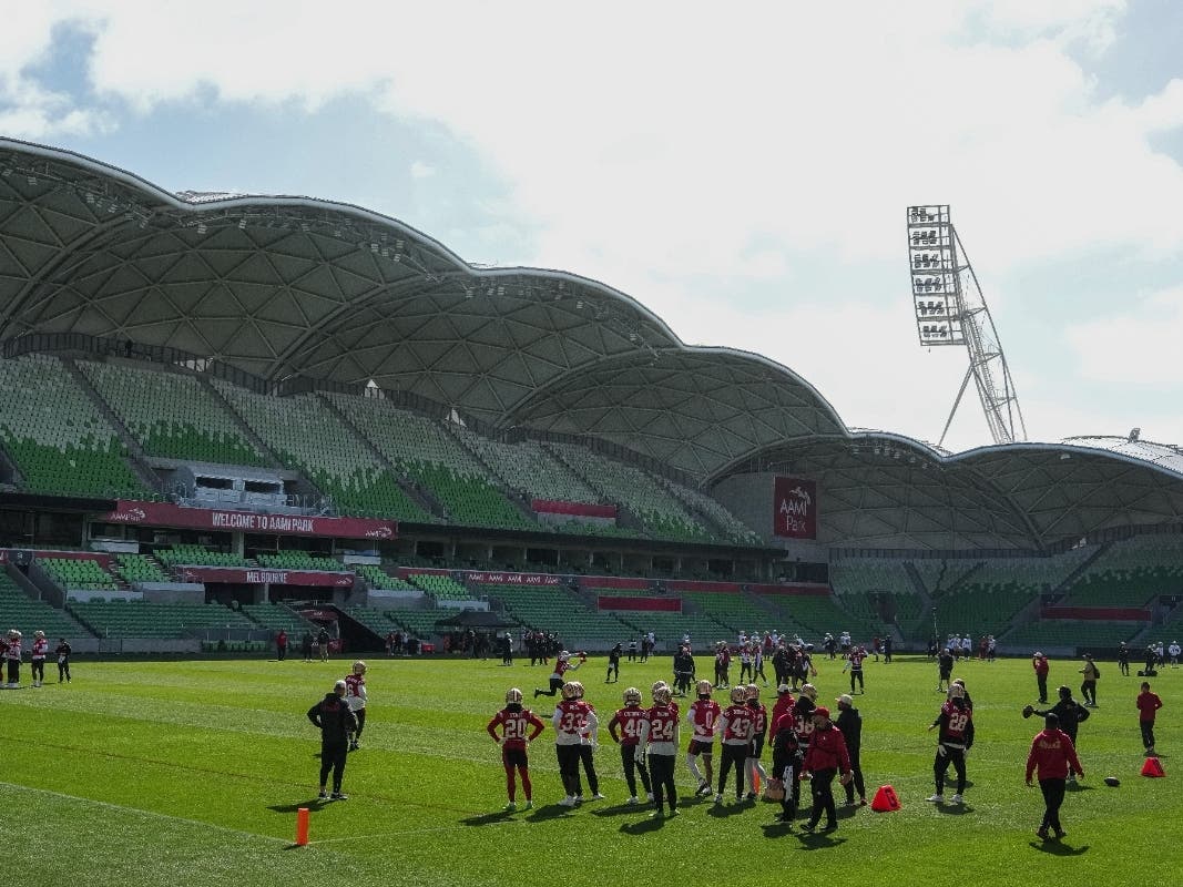 The San Francisco 49ers practice at AAMI Park in Melbourne, Australia, Monday, Sept. 7, 2026, ahead of their game against the Los Angeles Rams.