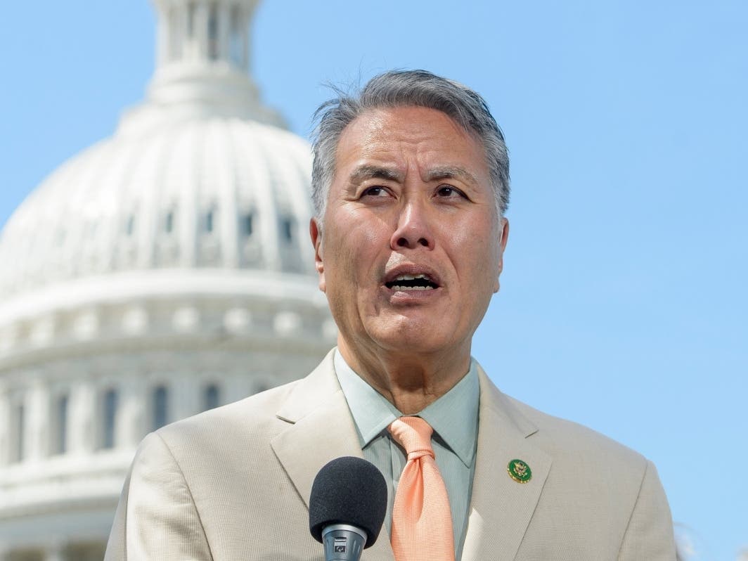 Rep. Mark Takano, D-Calif., who is leading a renewed push in Congress to establish a 32-hour standard workweek, speaks at the U.S. Capitol in Washington in April 2025.