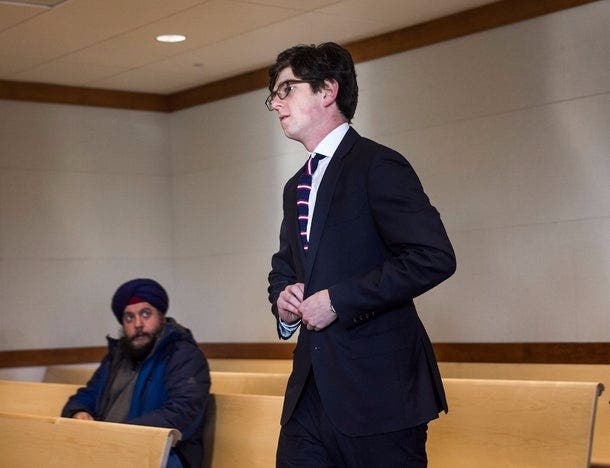 Owen Labrie appears in Merrimack County Superior Court Dec. 18, 2018, as a judge upheld his jail sentence. 