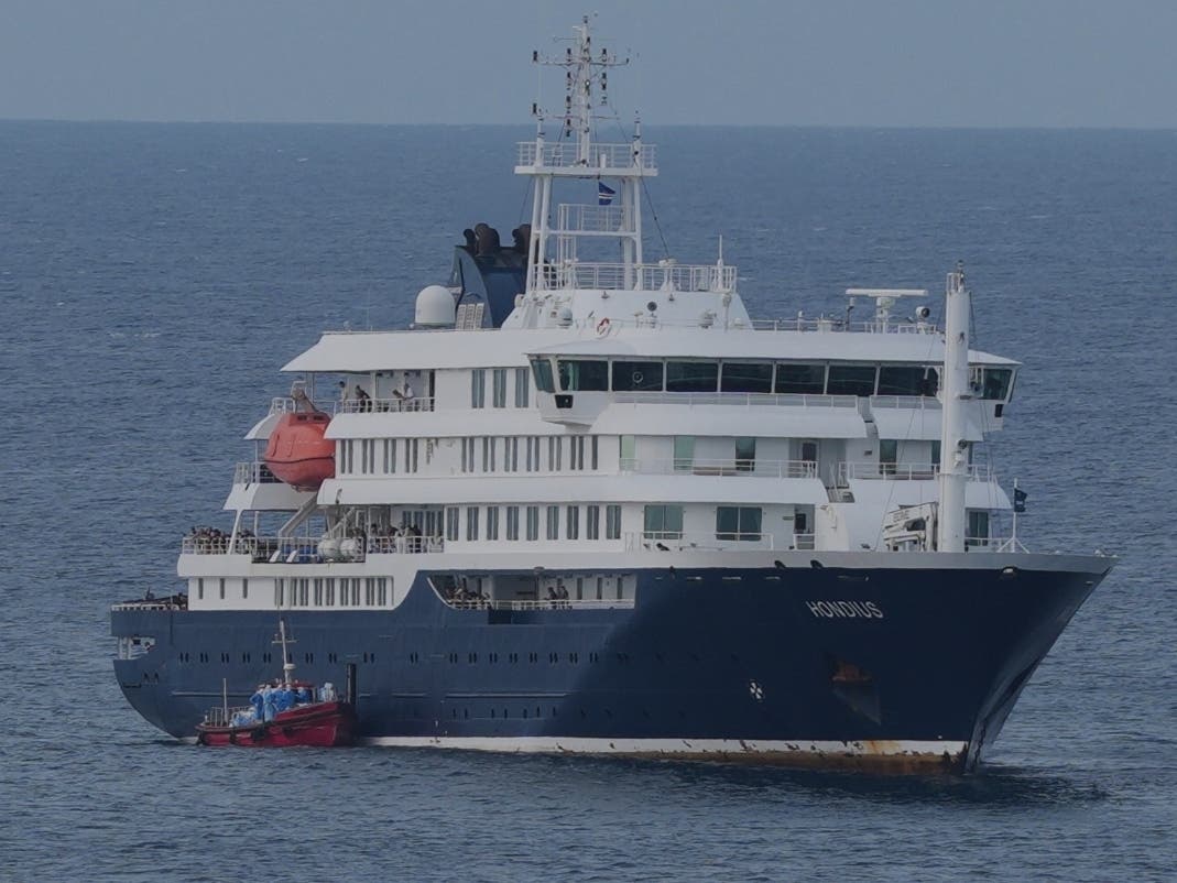 The MV Hondius cruise ship is anchored at a port in Praia, Cape Verde, Wednesday, May 6, 2026.