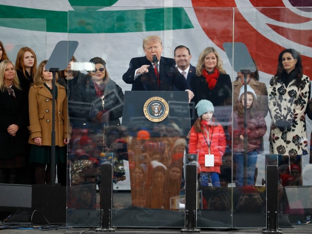 President Donald Trump speaks at a March for Life rally, Friday, Jan. 24, 2020, on the National Mall in Washington.
