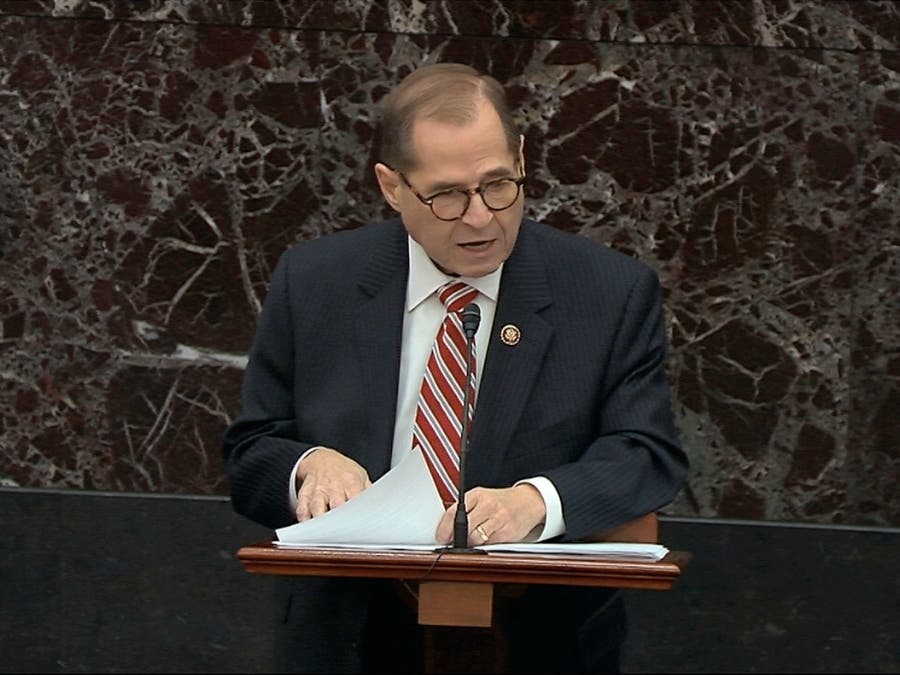 Rep. Jerrold Nadler, D-N.Y., speaks during the impeachment trial against President Donald Trump in the Senate at the U.S. Capitol in Washington, Thursday, Jan. 23, 2020.