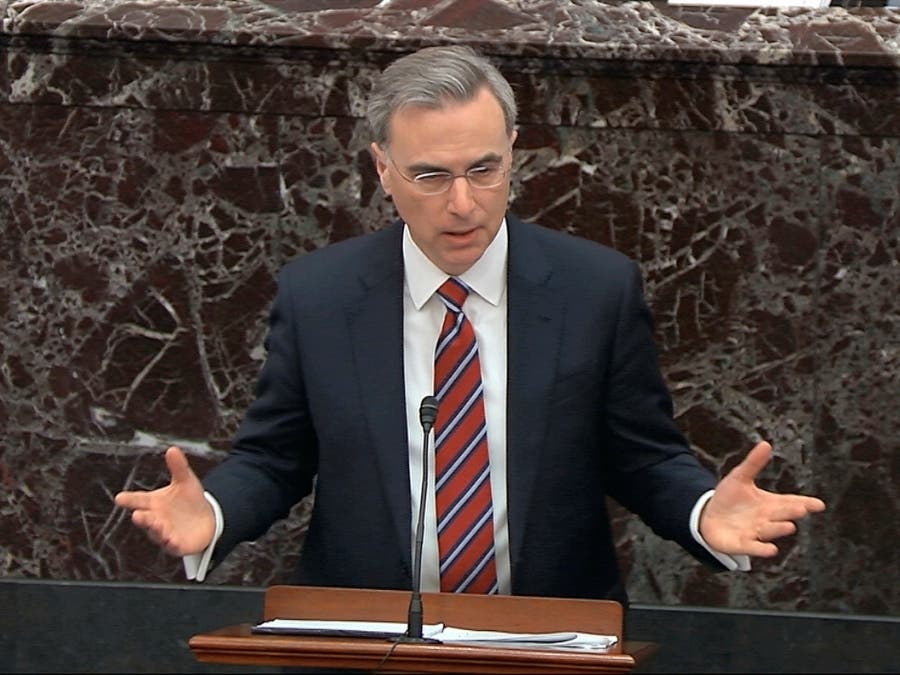  White House counsel Pat Cipollone speaks during the impeachment trial against President Donald Trump in the Senate at the U.S. Capitol in Washington Saturday.