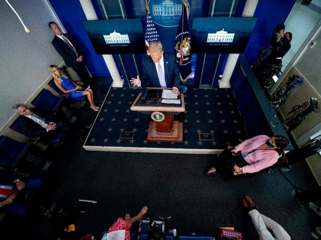 President Donald Trump speaks at a news conference in the James Brady Press Briefing Room at the White House in Washington.