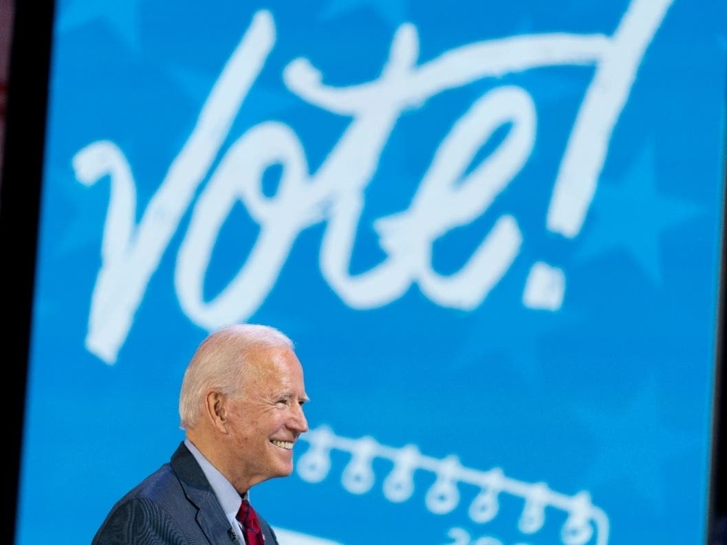 Democratic presidential candidate former Vice President Joe Biden appears on a "Zoom with Oprah Winfrey" virtual show at The Queen theater in Wilmington, Delaware.