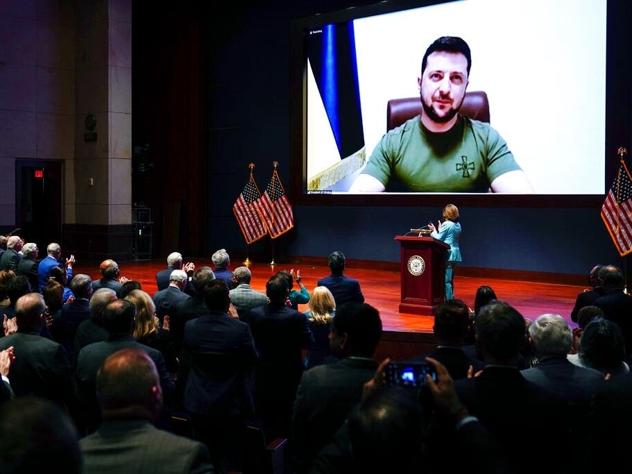 Ukrainian President Volodymyr Zelenskyy delivers a virtual address to Congress by video at the Capitol in Washington, D.C.