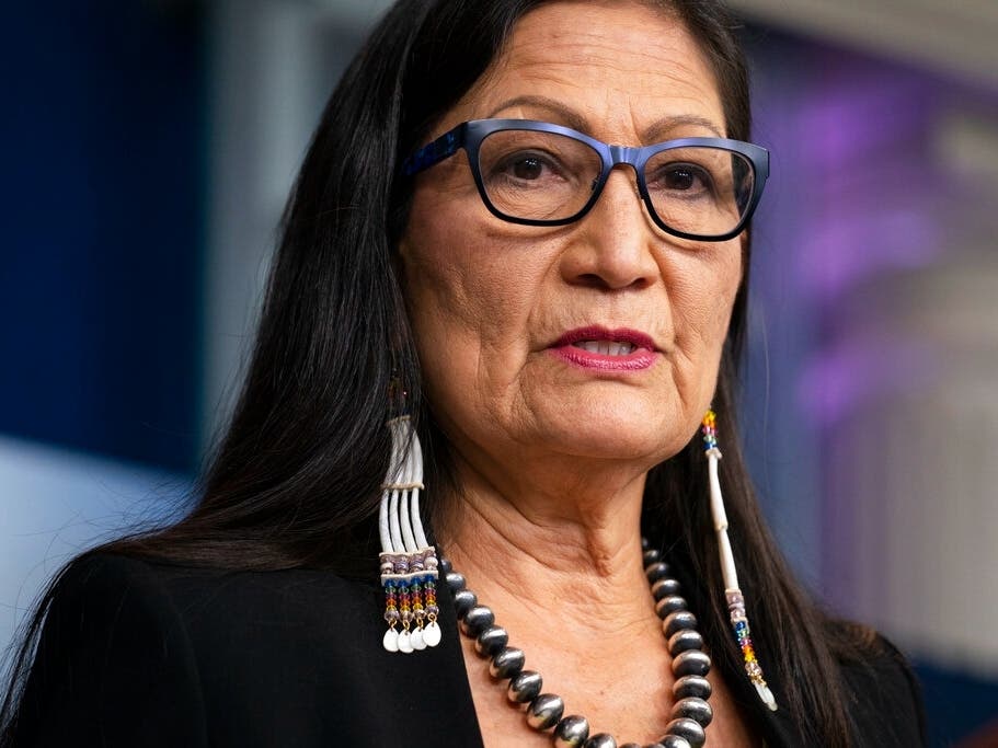 Interior Secretary Deb Haaland speaks during a news briefing at the White House in Washington. Several federally-owned landmarks in Massachusetts will get a new name after Haaland declared "squaw" to be a derogatory term.