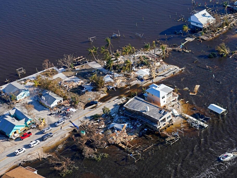 The bridge leading from Fort Myers to Pine Island, Florida, is seen heavily damaged in the aftermath of Hurricane Ian.