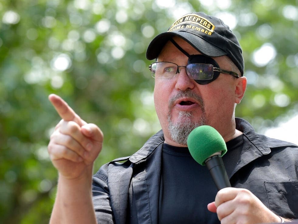 Stewart Rhodes, founder of the citizen militia group known as the Oath Keepers speaks during a rally outside the White House in Washington, D.C.