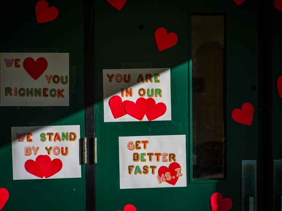 Messages of support for teacher Abby Zwerner, who was shot by a 6-year-old student, grace the front door of Richneck Elementary School Newport News, Va. on Jan. 9, 2023.