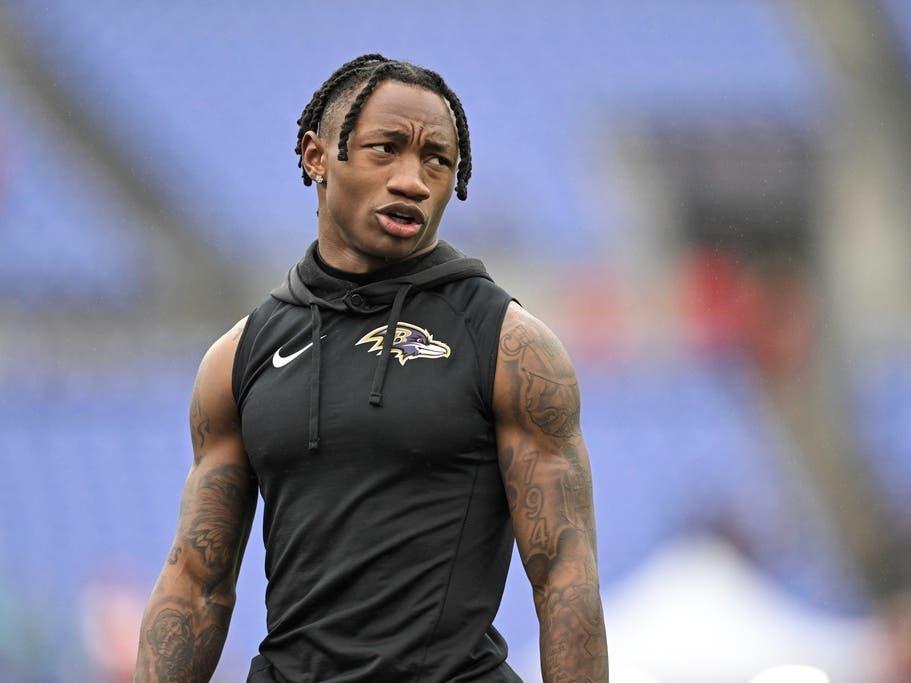 Baltimore Ravens wide receiver Zay Flowers looks on during pre-game warm-ups before the AFC Championship NFL football game against the Kansas City Chiefs in Baltimore on Sunday, Jan. 28.