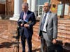 Defense attorneys Hammad Matin, right, and Andrew Jezic, who are representing Dayton James Webber, speak to reporters outside of Charles County District Court in La Plata, Md., on Wednesday.