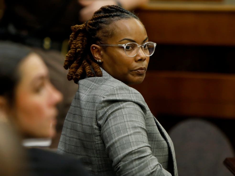 Former Richneck Elementary School assistant principal Ebony Parker looks back into the courtroom during Abby Zwerner's lawsuit against her on Oct. 28, 2025, in Newport News, Va.