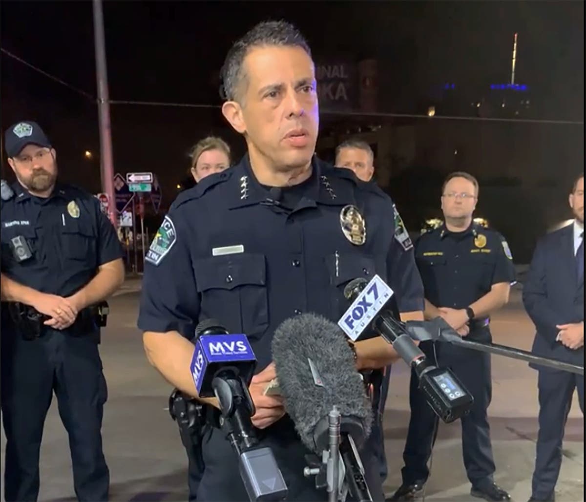 This photo provided by Austin Police Department shows Chief Chacon providing an update on overnight shootings in Austin, Texas, early Saturday, June 12, 2021. 