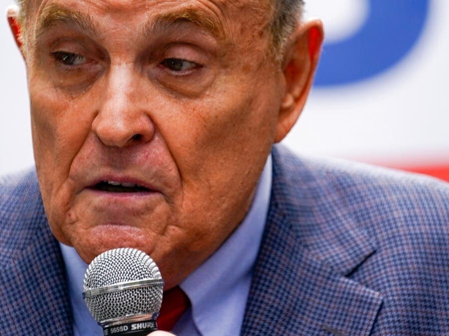 Rudy Giuliani, shown in this file photo from June 21, is suspended from practicing law in New York because he made false statements while trying to get courts to overturn Donald Trump’s loss in the presidential race. 