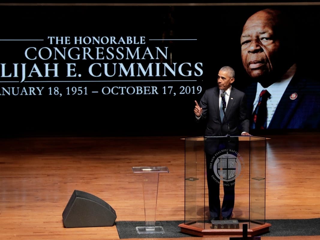 Former President Barack Obama speaks during funeral services for the late U.S. Rep. Elijah Cummings, Friday, Oct. 25, 2019, in Baltimore.