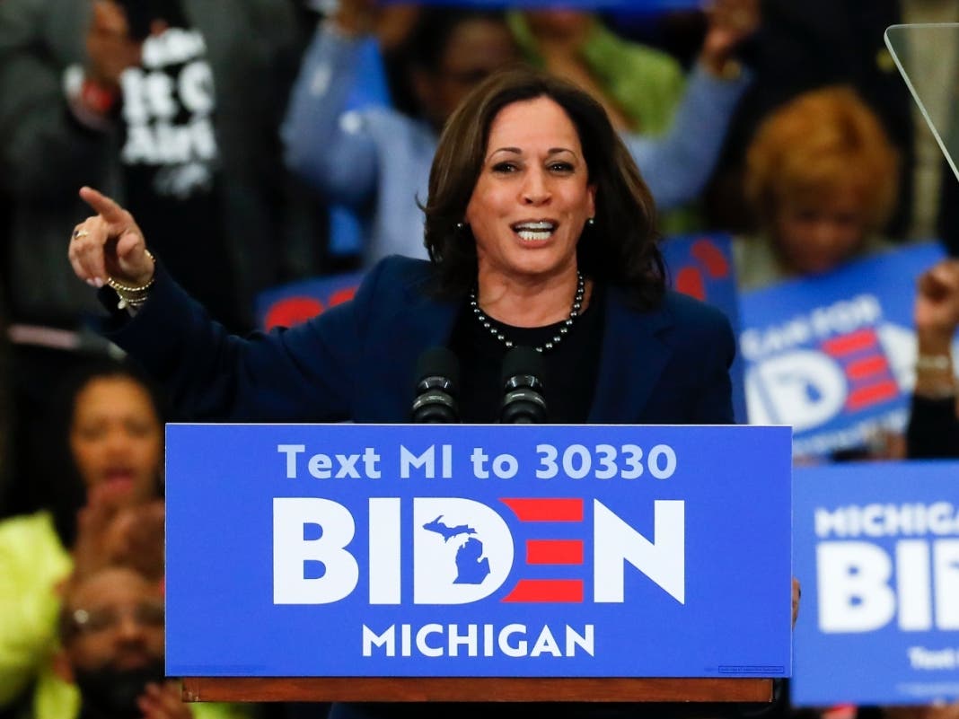 Sen. Kamala Harris (D-CA) introduces Democratic presidential candidate former Vice President Joe Biden at a campaign rally.