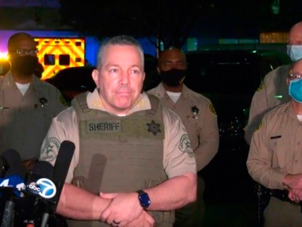 This Saturday, Sept. 12, 2020, still image taken from video released by the Los Angeles County Sheriff's Department, shows Los Angeles Sheriff Alex Villanueva taking questions at a news conference about the condition of the wounded Sheriff's deputies