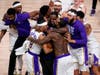 The Los Angeles Lakers players celebrate after the Lakers defeated the Miami Heat 106-93 in Game 6 of basketball's NBA Finals Sunday, Oct. 11, 2020, in Lake Buena Vista, Fla