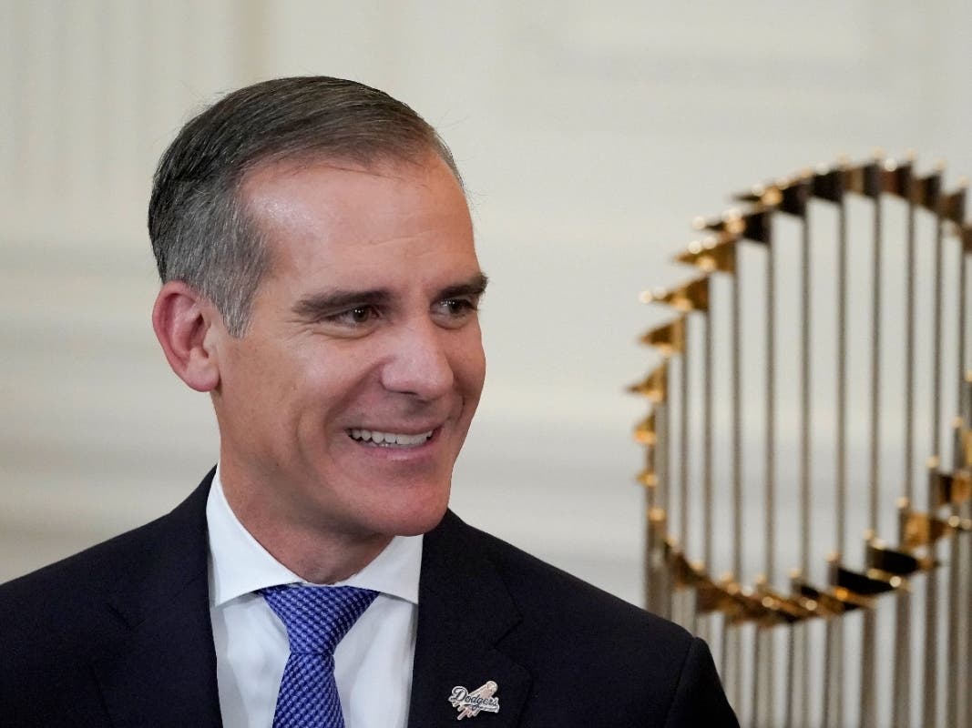 Los Angeles Mayor Eric Garcetti arrives for an event to honor the 2020 World Series champion Los Angeles Dodgers baseball team at the White House on July 2 in Washington. 