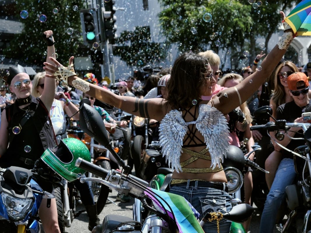 Participaints with the group "Dykes on Bikes" take part in the annual LA 49th annual Pride Parade in West Hollywood, Calif. on Sunday, June 9, 2019.