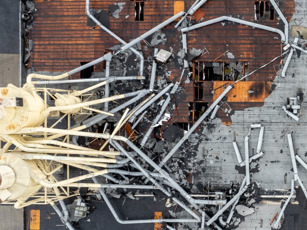 Damage to a building is seen on Wednesday, March 22, 2023 in Montebello, Calif., after a possible tornado. 