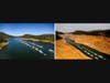 Houseboats rest in a channel at Lake Oroville State Recreation Area on March 26, 2023, left, and the same location on Aug. 14, 2021, in Butte County, Calif. (AP Photo/Noah Berger)