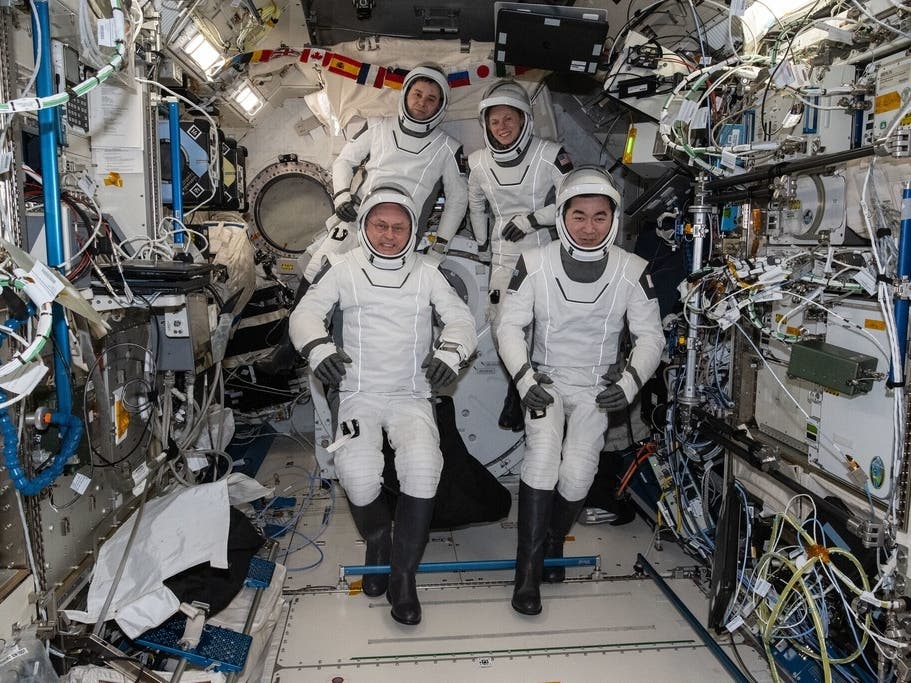 This photo provided by NASA shows clockwise from bottom left are, NASA astronaut Mike Fincke, Roscosmos cosmonaut Oleg Platonov, NASA astronaut Zena Cardman, and JAXA (Japan Aerospace Exploration Agency) astronaut Kimiya Yui gathering for a crew portrait.