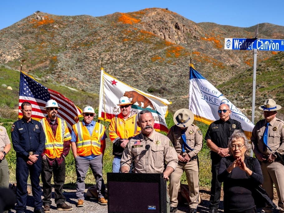 Riverside County Sheriff Chad Bianco speaks at a news conference in Lake Elsinore, Calif.